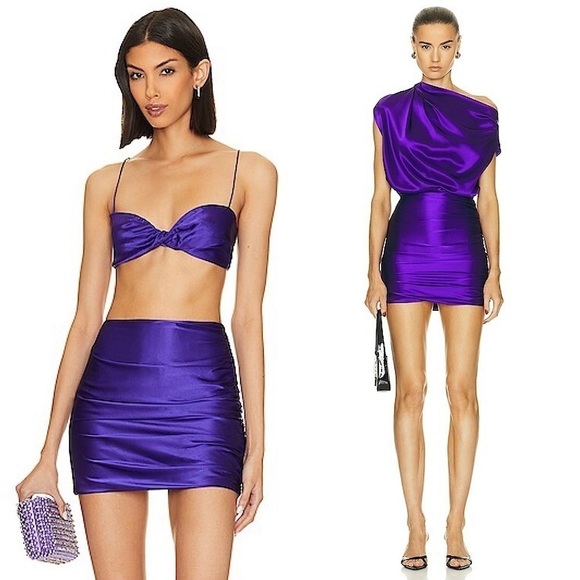 THE SEI Violet Silk Satin Ruched Side High Waist Bodycon Pencil Mini Skirt S - Picture 1 of 13